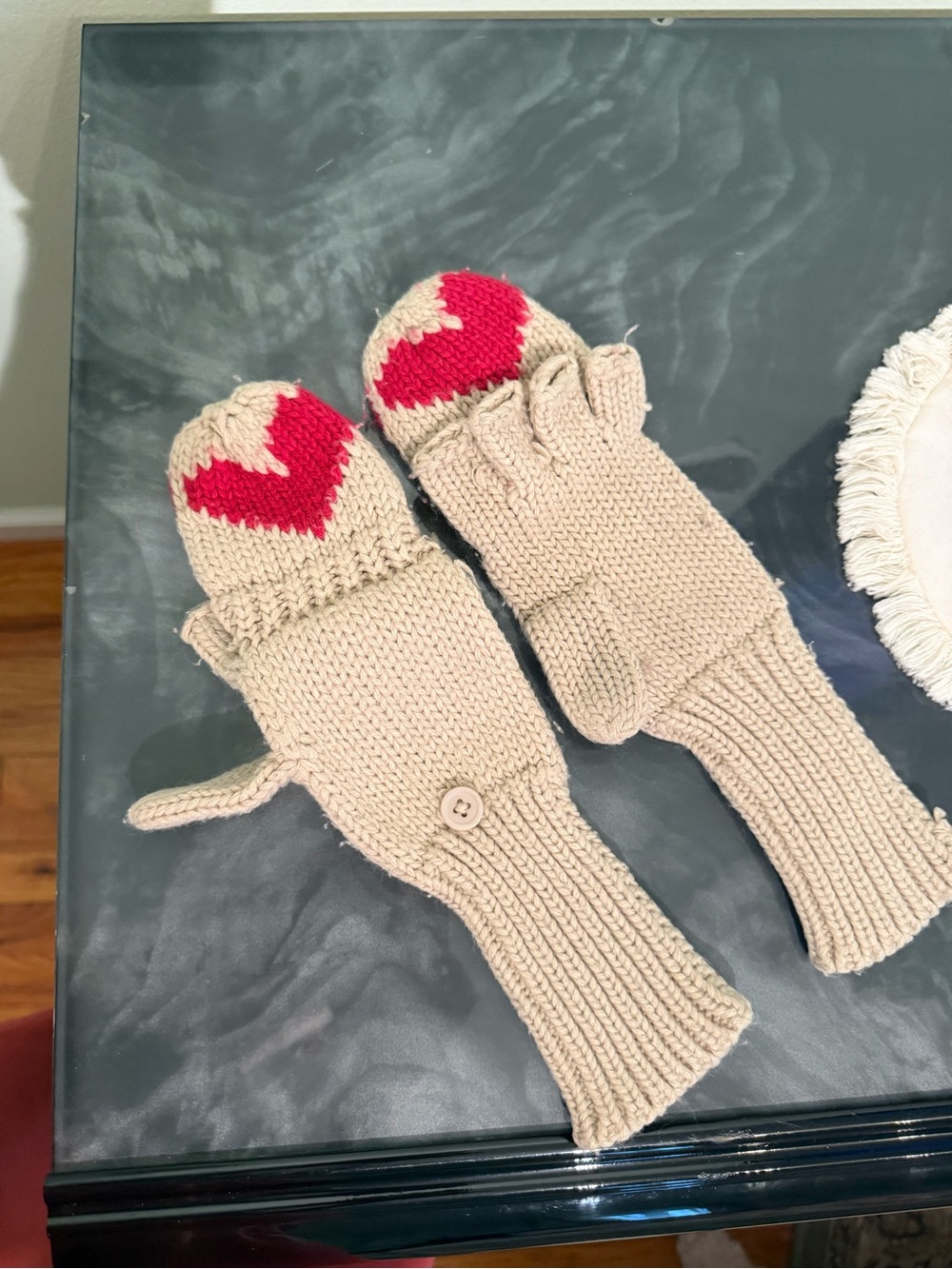 Women’s Beige Knit Convertible Mittens with Pink Heart Accent